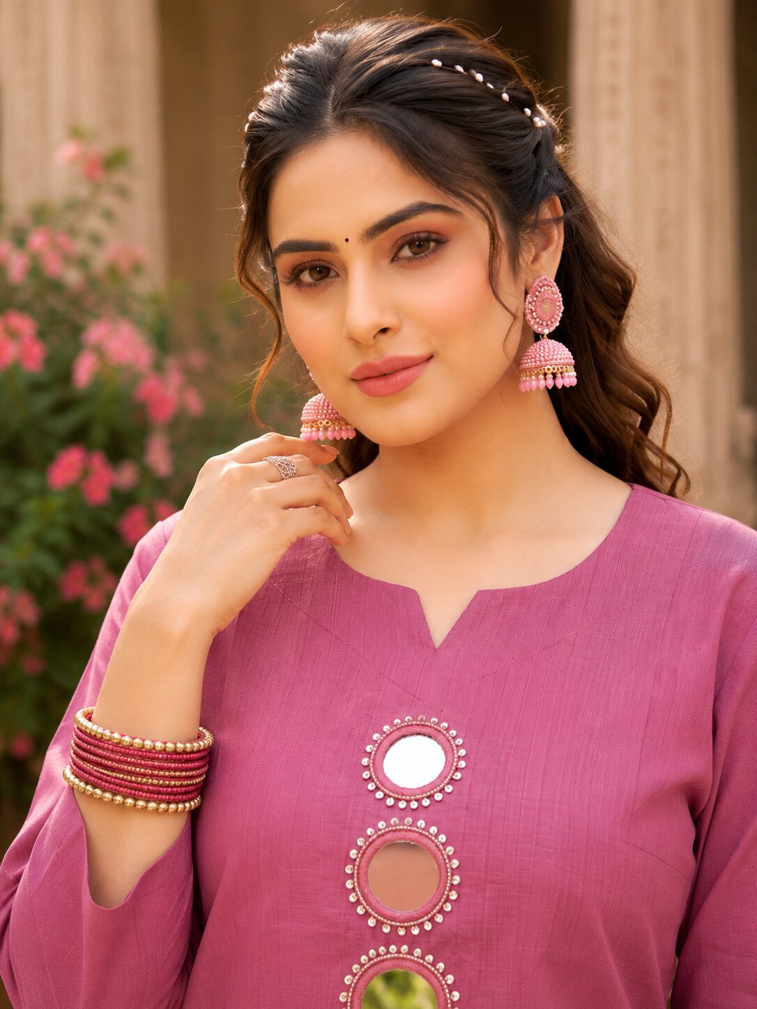 Purva Women Vartican Silk Straight Cut Kurti Set with Palazzo | Mirror & Beads Work | Women's Ethnic Wear
