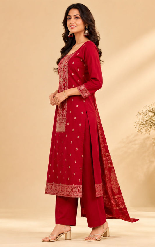 Maroon Zari Embroidered Chanderi Silk Kurta, Pant & Dupatta Set