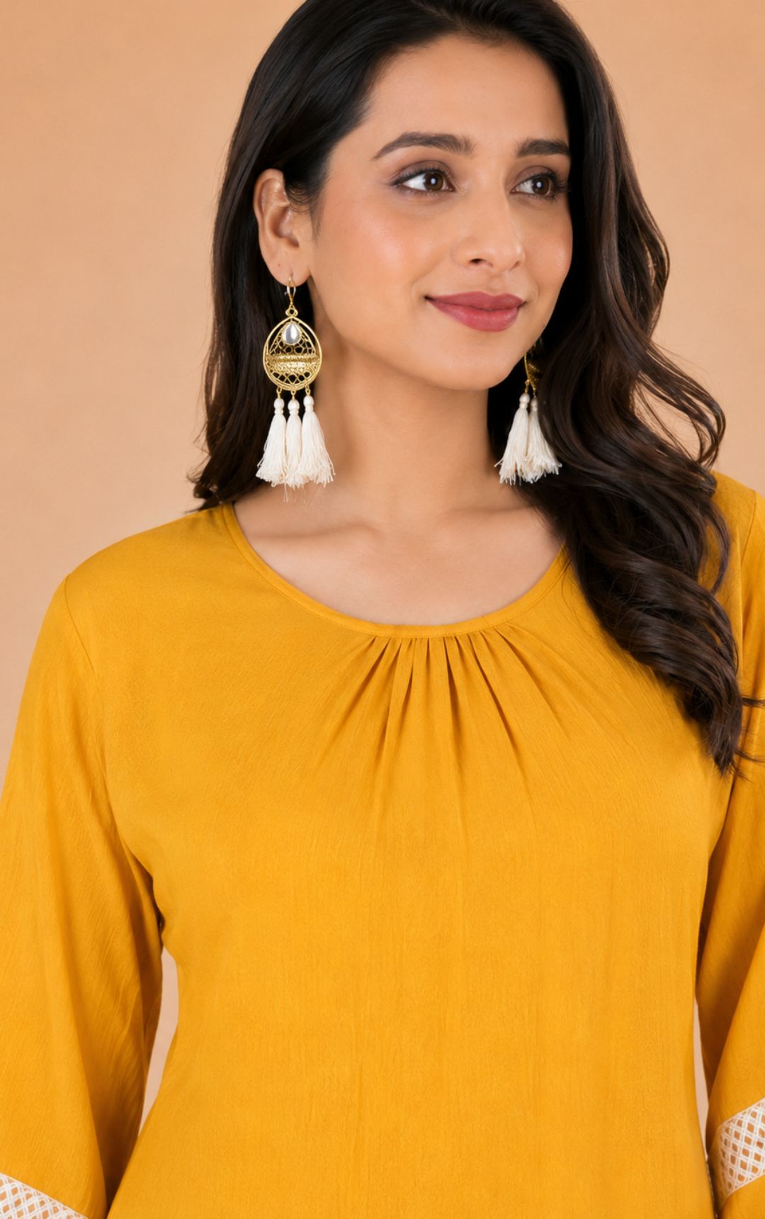 Mustard Yellow Cotton Short Kurti with Gathered Neck
