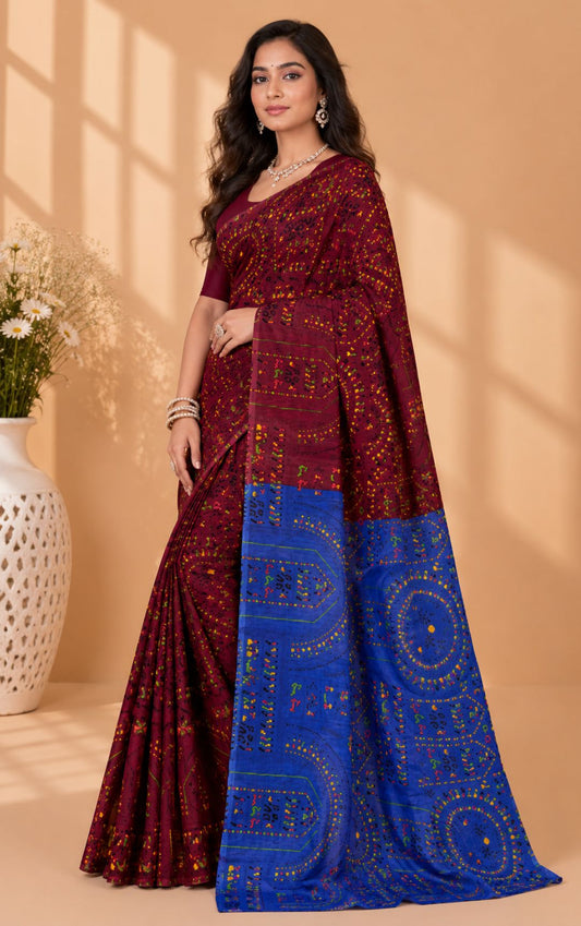Boutique Special Dual Tone Bandhani Print Saree In Maroon And Blue