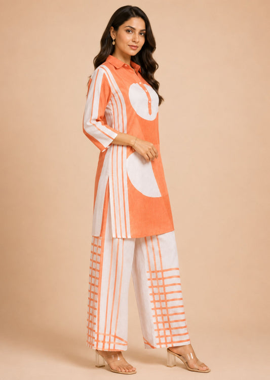 Juni Orange Abstract Printed Co-Ord Set