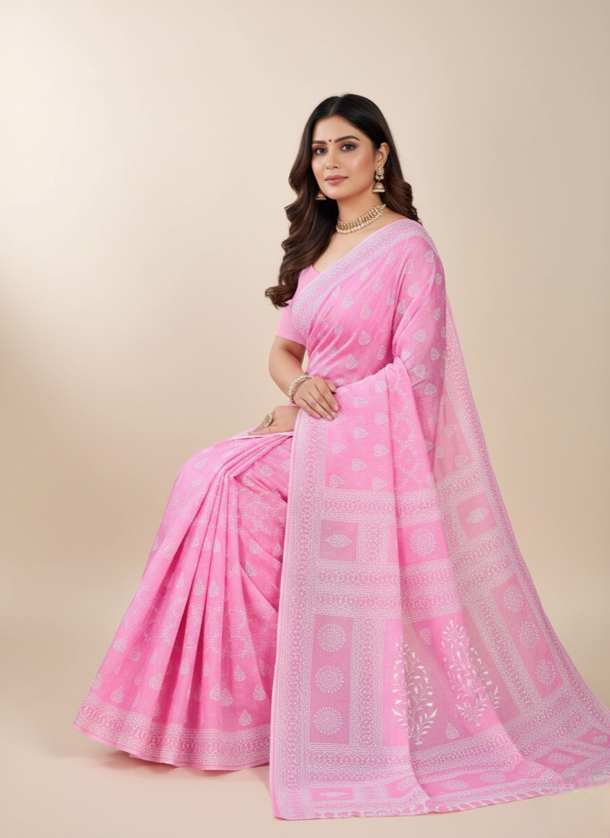 MINU SAREE PESTAL MAGIC Pink Cotton Printed Saree