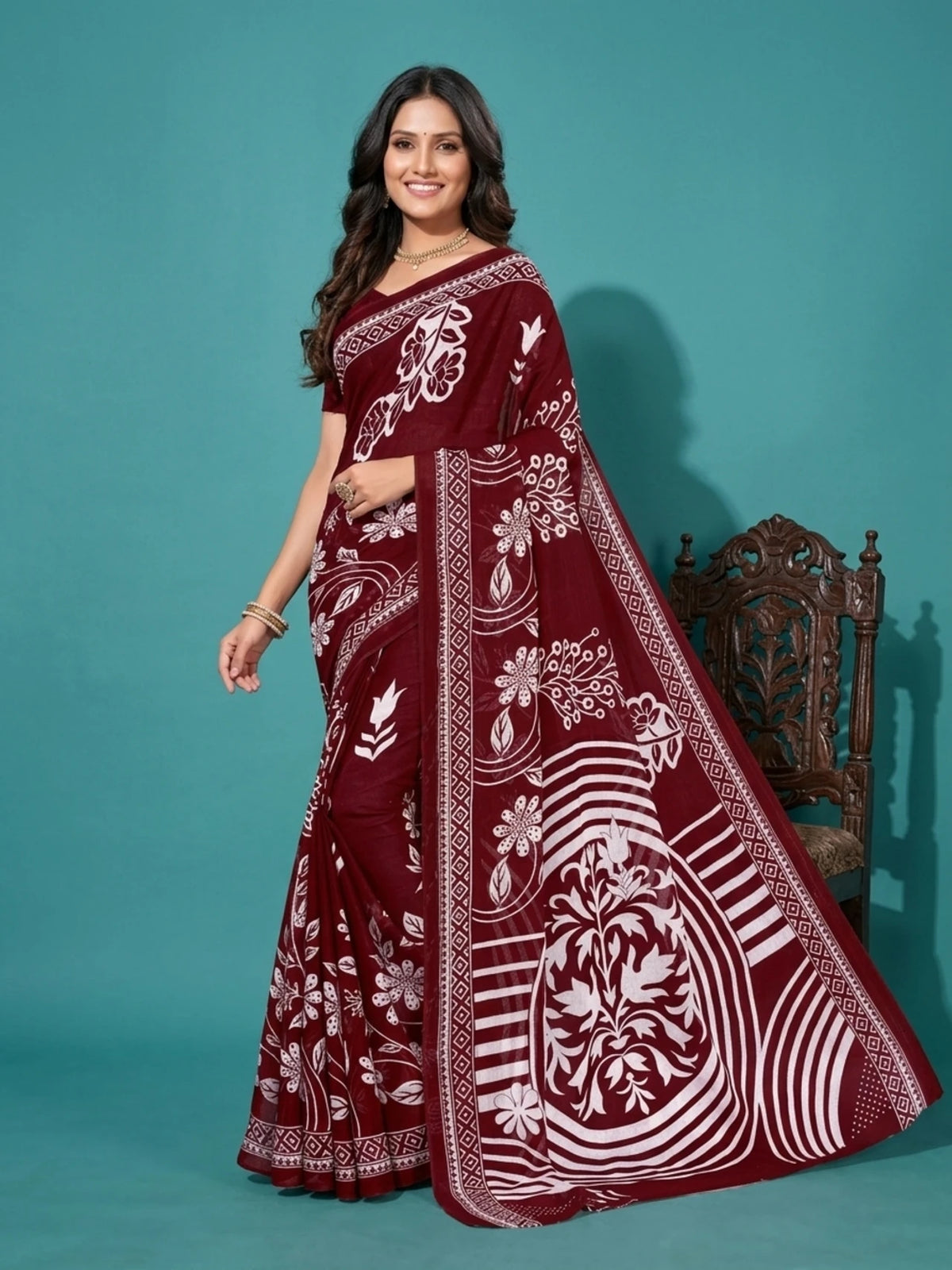 Minu fashions Printed Daily Wear Pure Cotton Saree (Maroon)