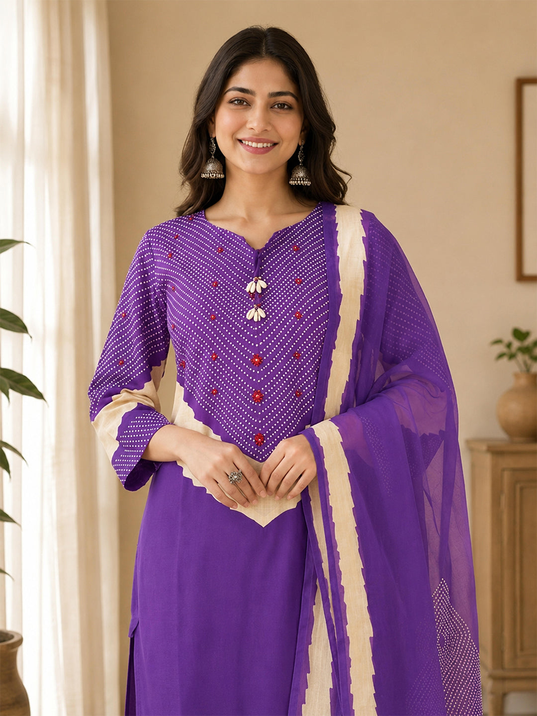 Himanshi Women Purple Pure Cotton Straight Kurta Set with Palazzo & Dupatta | Ank