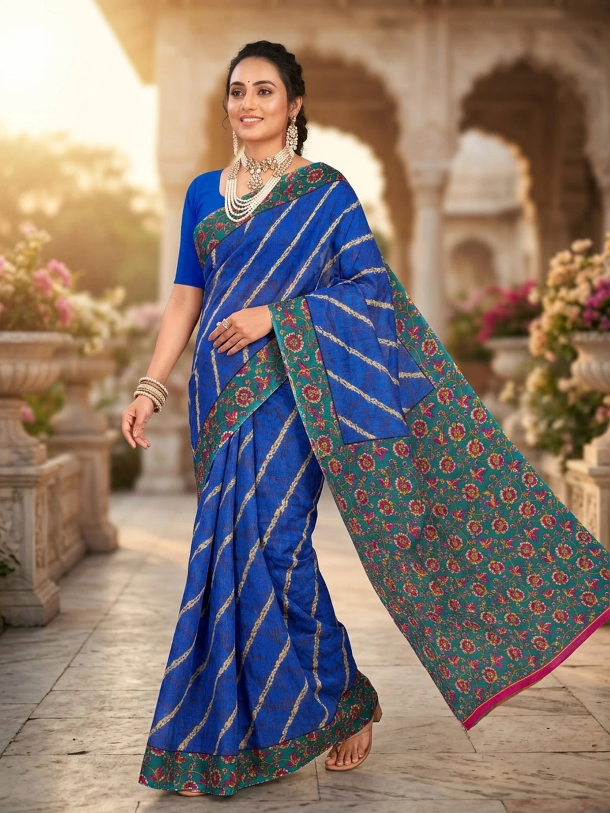 Minu fashions Printed Daily Wear Cotton Blend Saree (Blue)