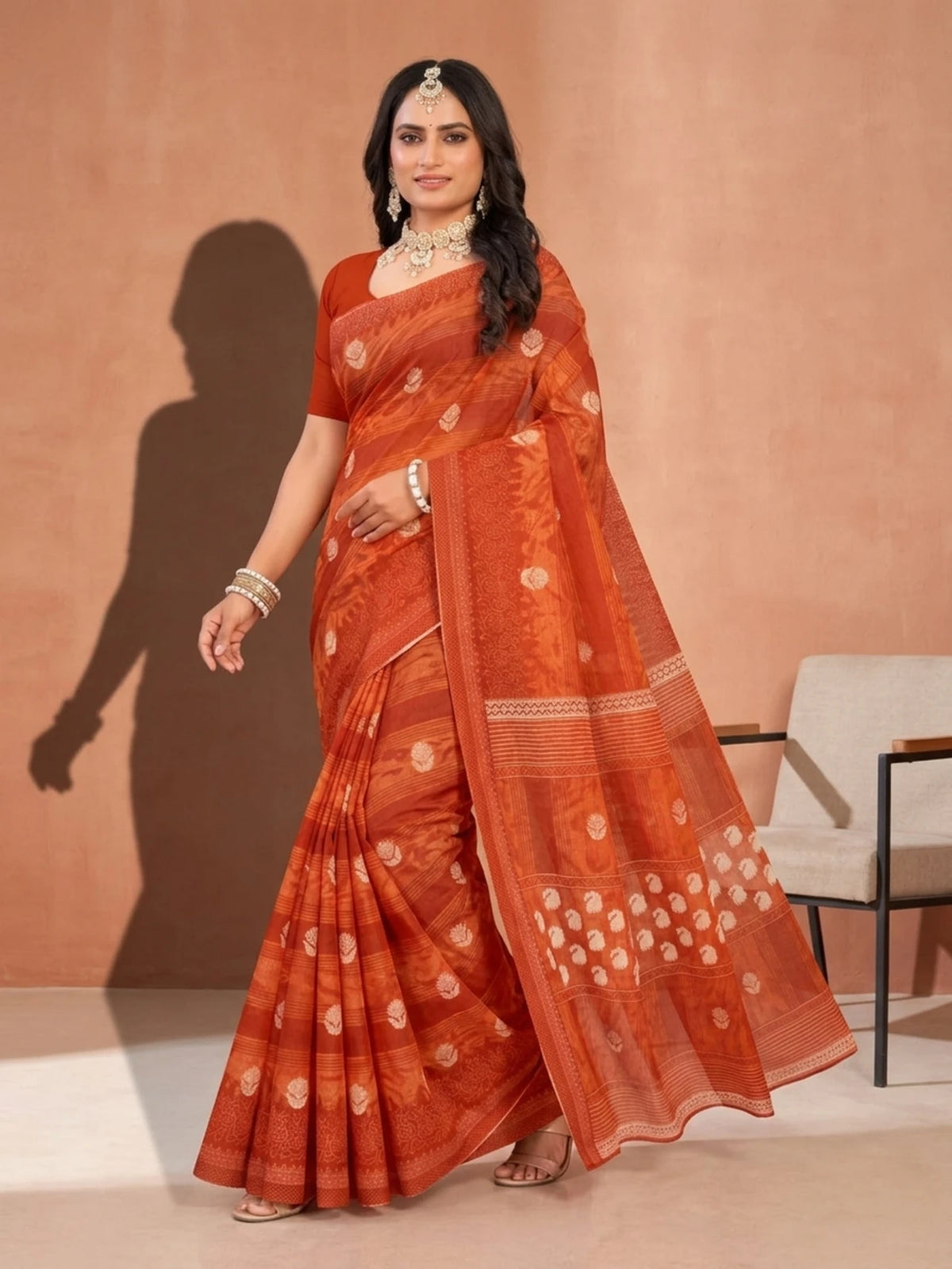Minu fashions Floral Print Daily Wear Pure Cotton Saree (Orange)