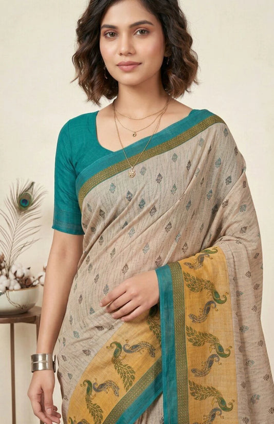 Minu Fashions Jiva Beige & Teal Cotton Linen Peacock Print Saree