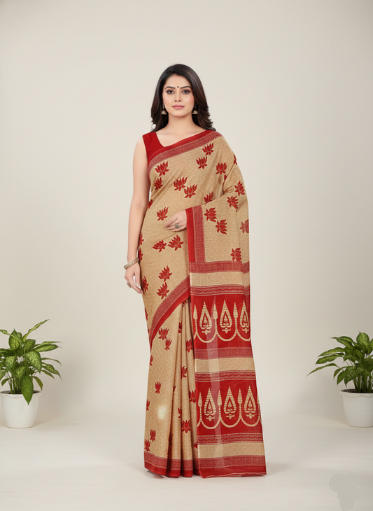Mumtaz Red Chiku Soft Cotton Saree