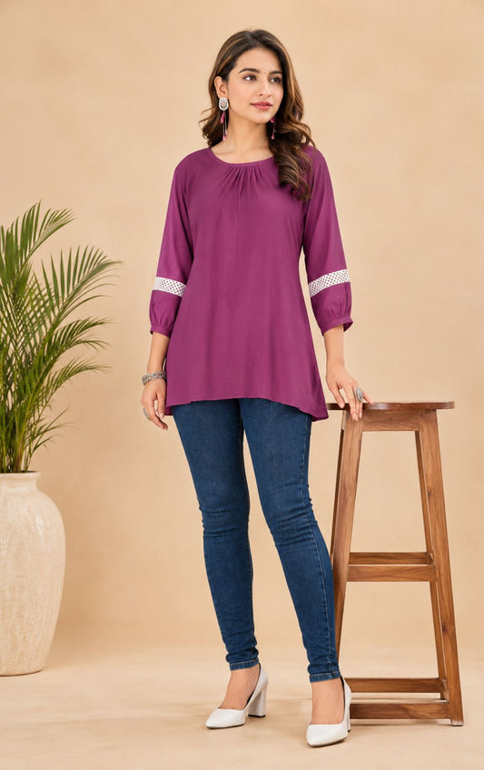 Magenta Purple Pleated Neck Tunic | Regular Fit Casual Top (Short Kurti)