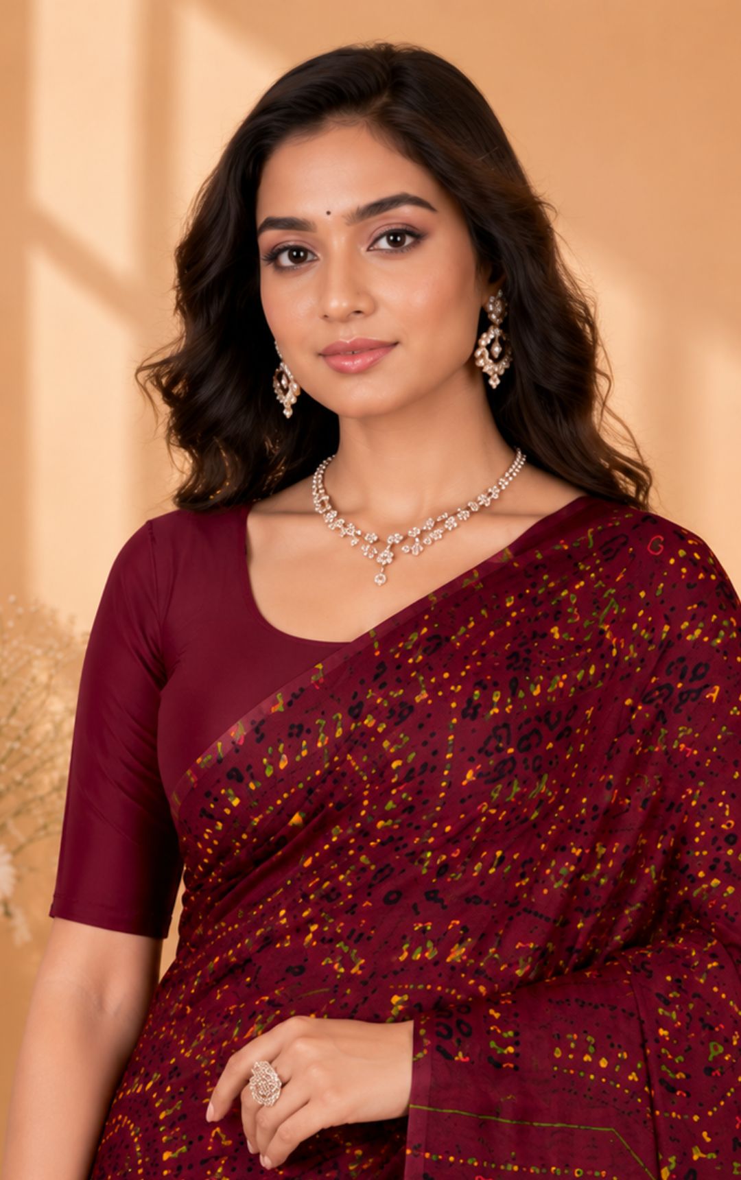 Boutique Special Dual Tone Bandhani Print Saree In Maroon And Blue