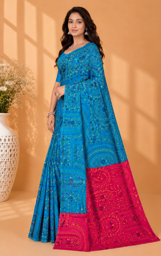 Boutiue Special Vibrant Blue And Pink Bandhani Print Saree With Intricate Border