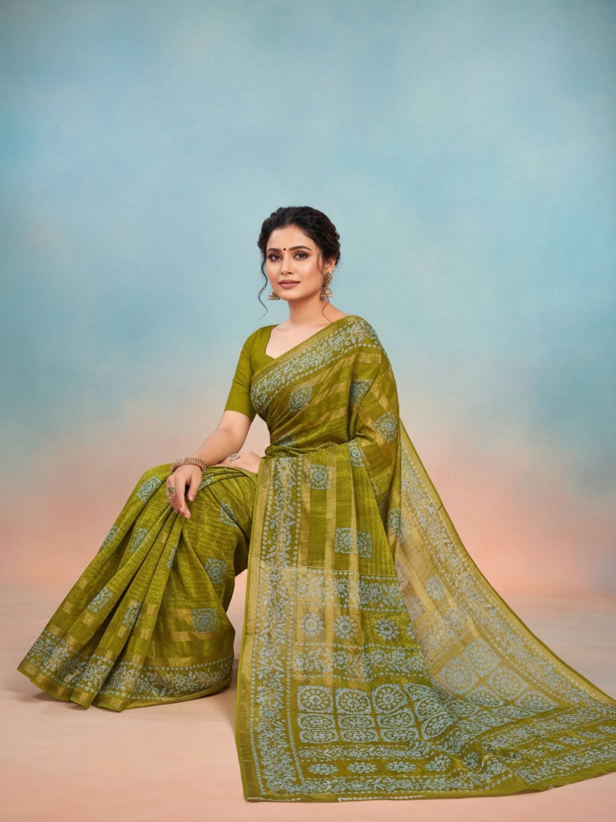 Minu fashions Printed Daily Wear Pure Cotton Saree ( Forest Green )