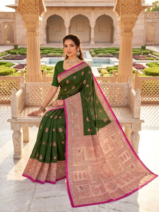 Minu fashions Printed Daily Wear Pure Cotton Saree (Green)