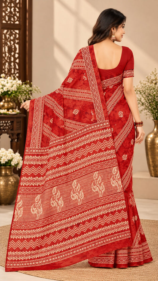MINU | Red Traditional Printed Saree with Intricate Border & Pallu