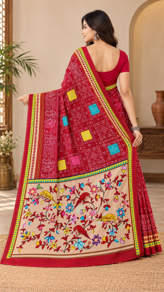 Minu | Women’s Multicolour Malai Cotton Folk-Art Madhubani Printed Saree with Contrast Border