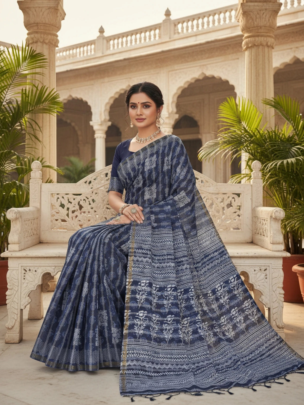 Minu fashions Printed Daily Wear Pure Cotton Saree (Blue)