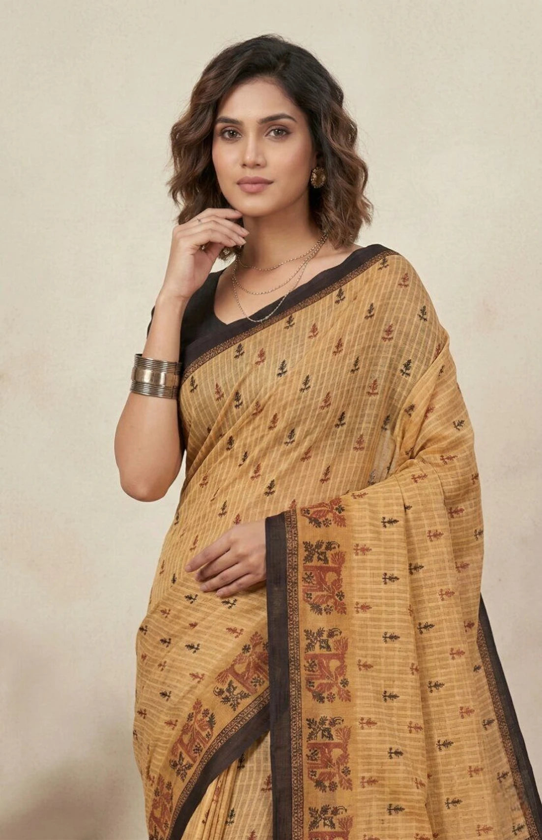 Minu fashions Printed Daily Wear Pure Cotton Saree (Beige)