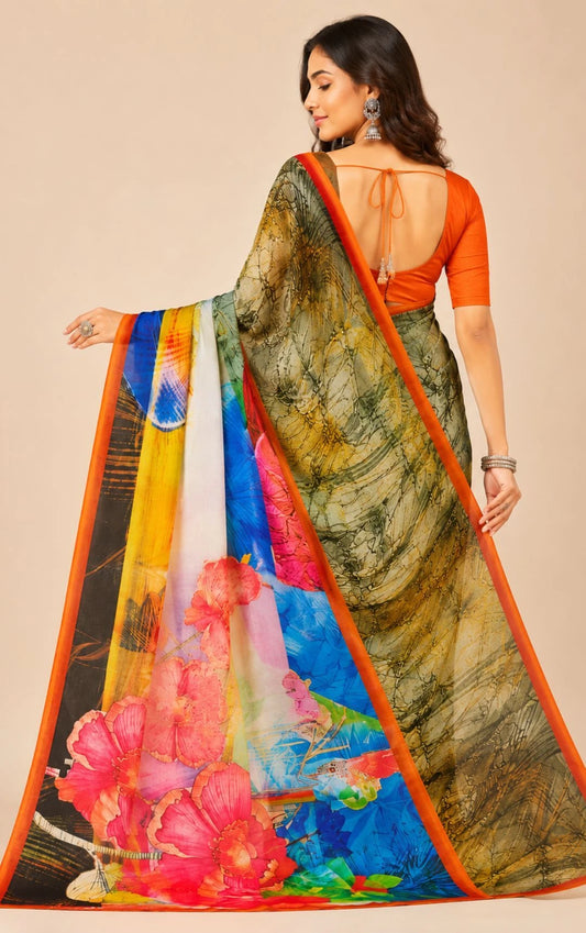 Minu fashions Printed Daily Wear Pure Cotton Saree (Multicolor)
