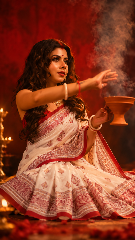White & Red Traditional Bengali Saree for Durga Puja | Elegant Printed Motif Festive Saree
