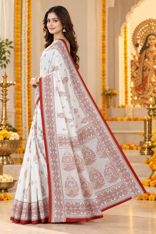 White & Red Traditional Bengali Saree for Durga Puja | Elegant Printed Motif Festive Saree