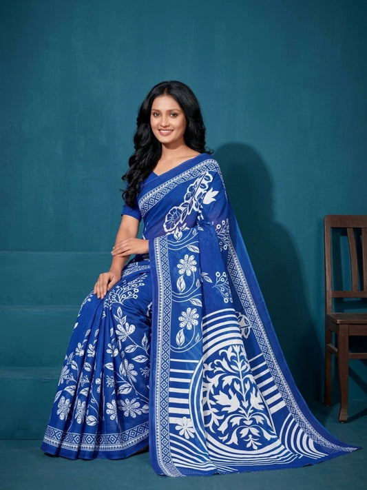 Minu fashions Printed Daily Wear Pure Cotton Saree (Dark Blue)