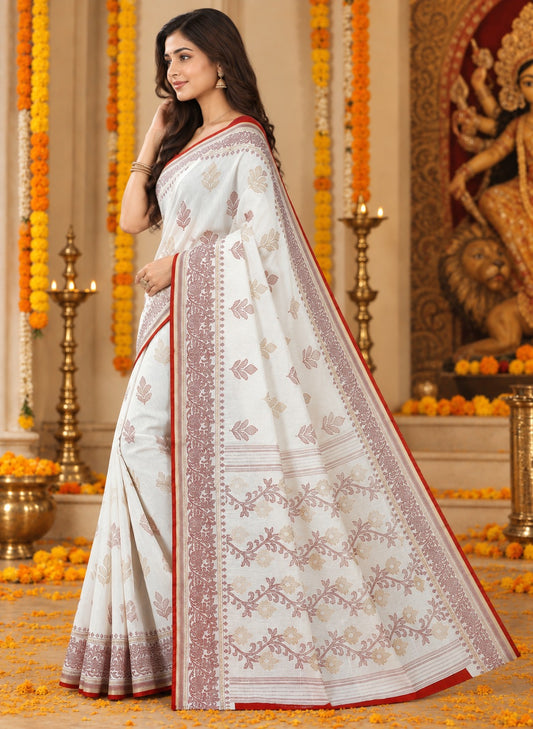 Red & White Floral Bengali Saree for Durga Puja | Traditional Festive Saree with Elegant Motifs