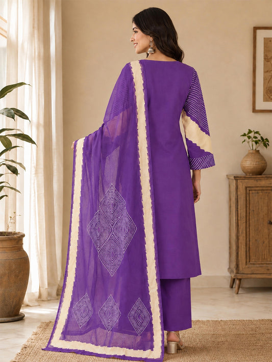 Himanshi Women Purple Pure Cotton Straight Kurta Set with Palazzo & Dupatta | Ank