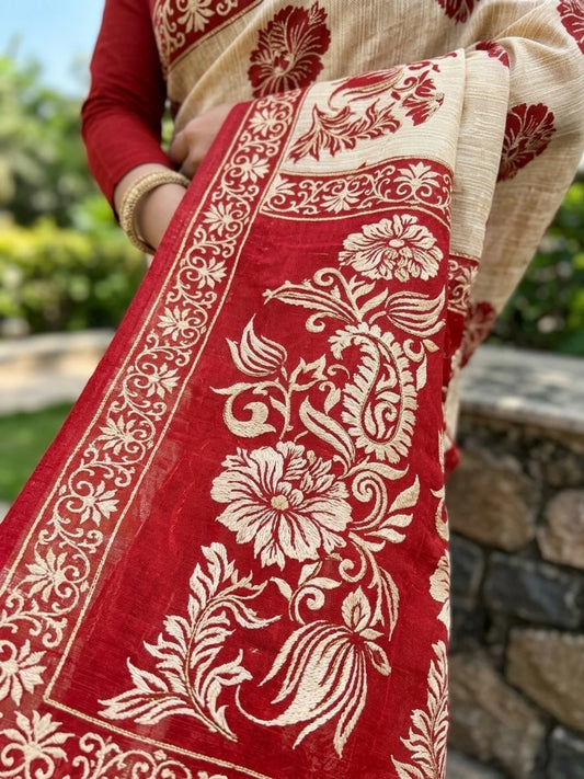 Minu fashions Printed Daily Wear Pure Cotton Saree (Red)