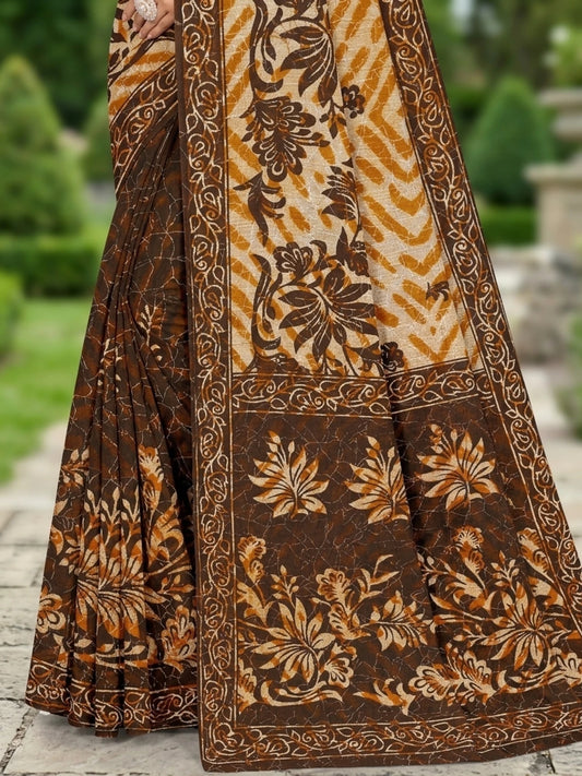 Minu fashions Printed Daily Wear Pure Cotton Saree (Brown)
