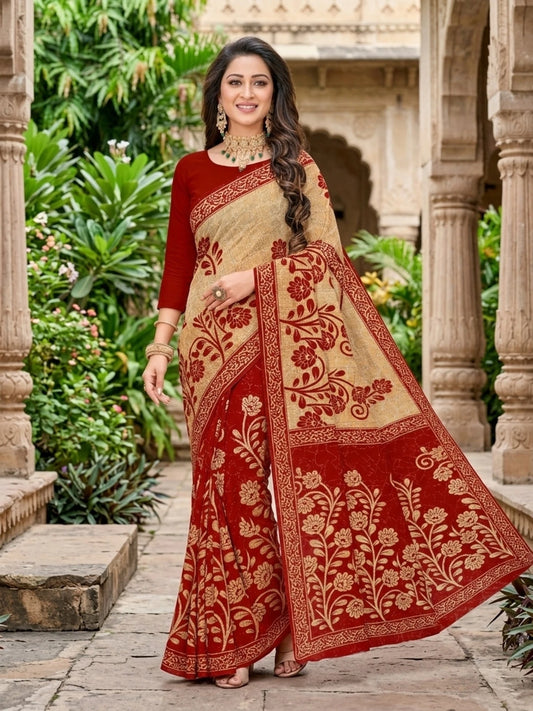 Minu fashions Printed Daily Wear Pure Cotton Saree (Red)