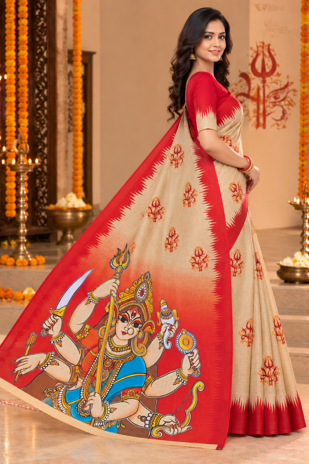 Minu | Puja Special Women Multicolor Printed Saree with Goddess Durga Print & Red Border