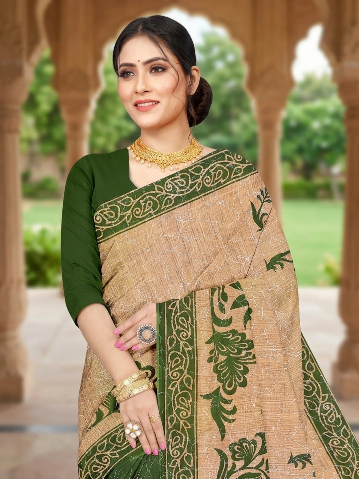 Minu fashions Printed Daily Wear Pure Cotton Saree (Green)
