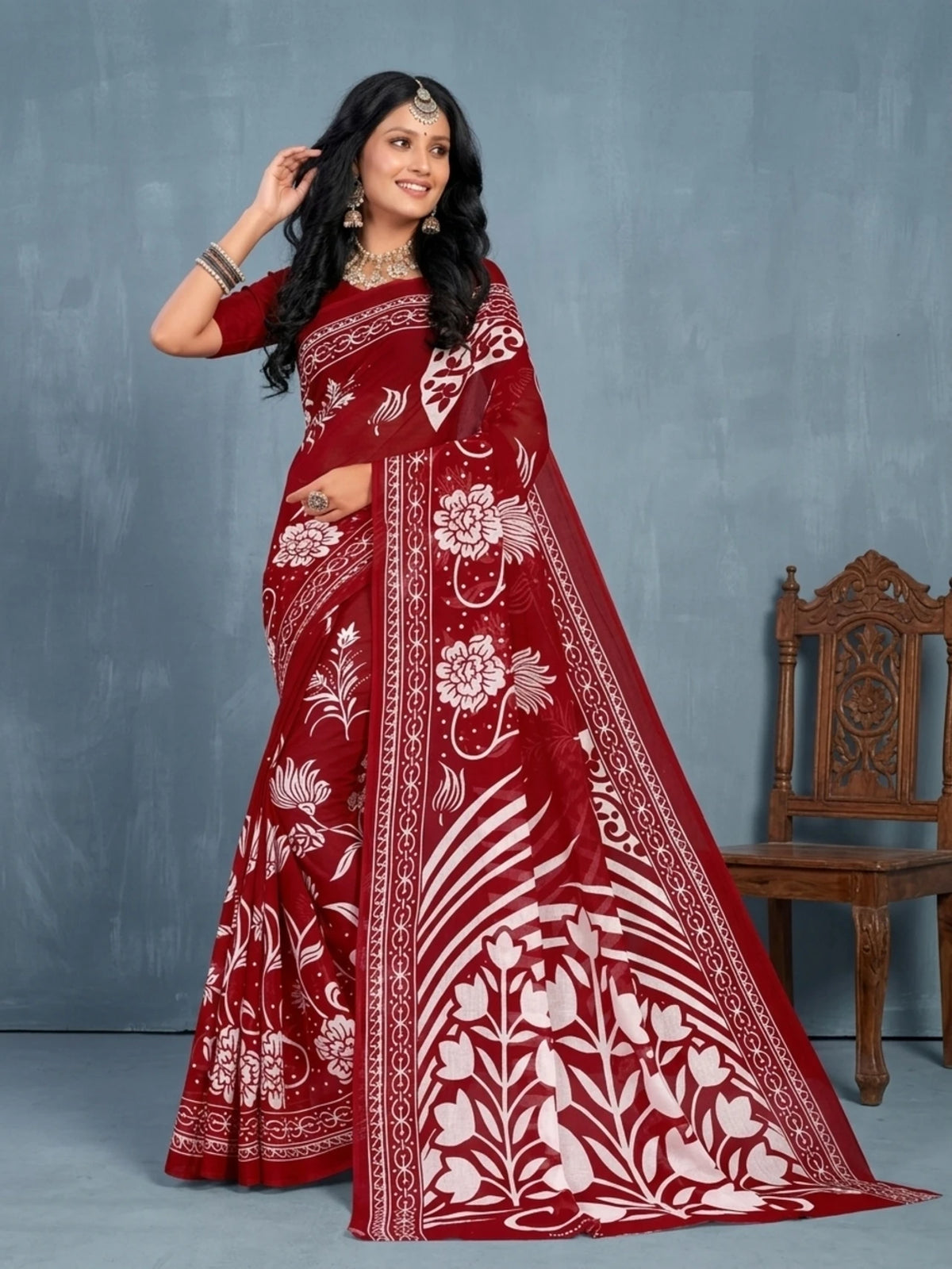 Minu fashions Printed Daily Wear Pure Cotton Saree (Red)
