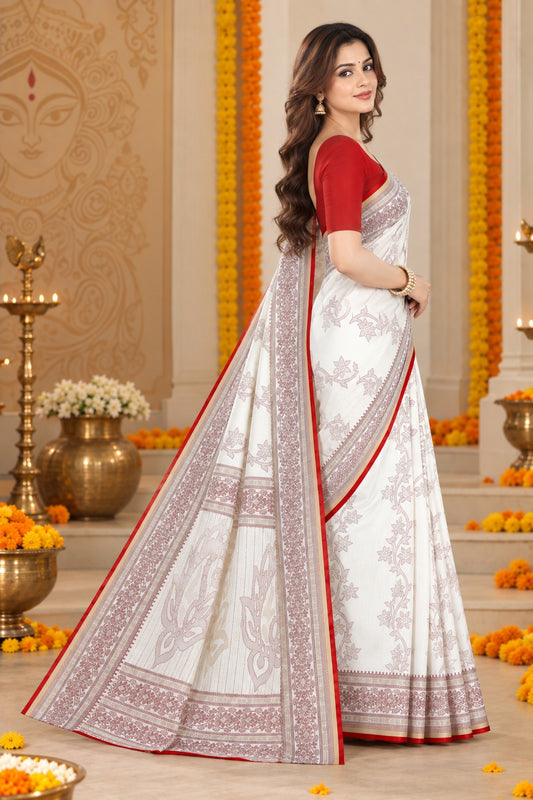 White & Red Bengali Saree for Durga Puja | Traditional Ethnic Motif Saree with Red Border