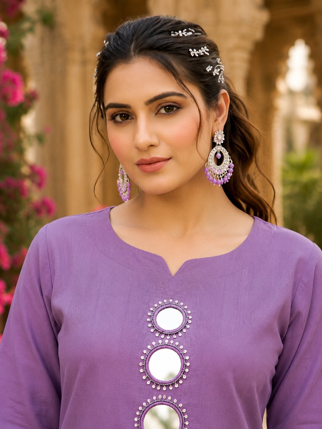 Purva Women Vartican Silk Straight Cut Kurti Set with Palazzo | Mirror & Beads Work | Women's Ethnic Wear