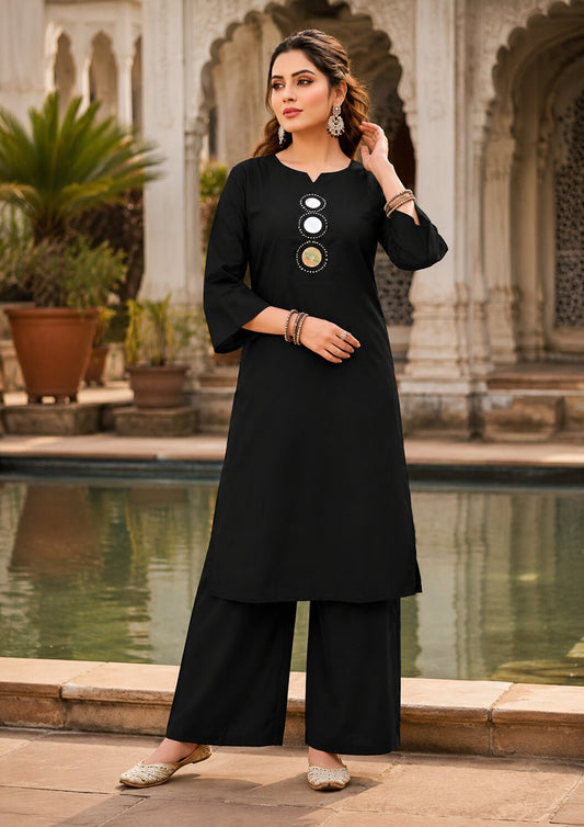 Purva Women Vartican Silk Straight Cut Kurti Set with Palazzo | Mirror & Beads Work | Women's Ethnic Wear