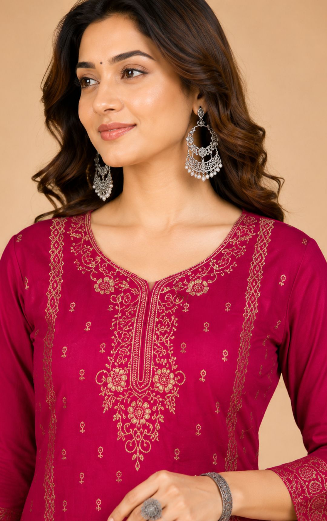 Celebrity Women Chanderi Zari Work Kurta with Round Neck, Three-Quarter Sleeves, Salwar with Elasticated Waistband & Floral Printed Dupatta Set | Ank