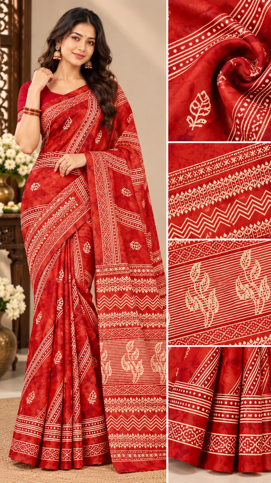 MINU | Red Traditional Printed Saree with Intricate Border & Pallu