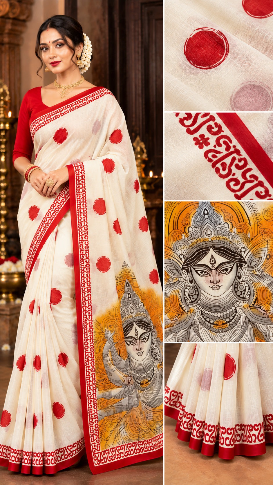 Minu | Women Red & White Durga Puja Special Folk Art Printed Saree