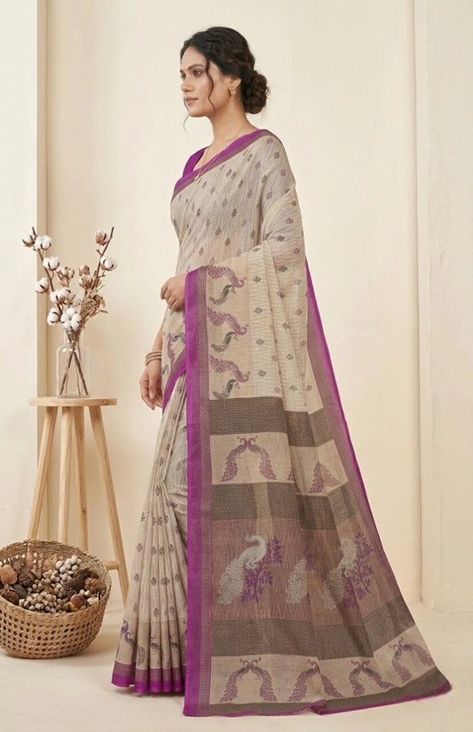 Minu fashions Printed Daily Wear Pure Cotton Saree (Cream)