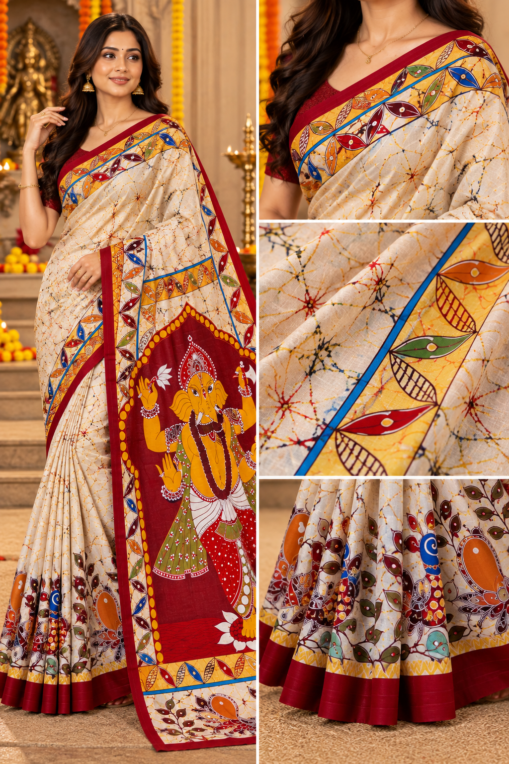 Minu | Puja Special Multicolor Printed Saree with Lord Ganesha Pallu & Peacock Motifs