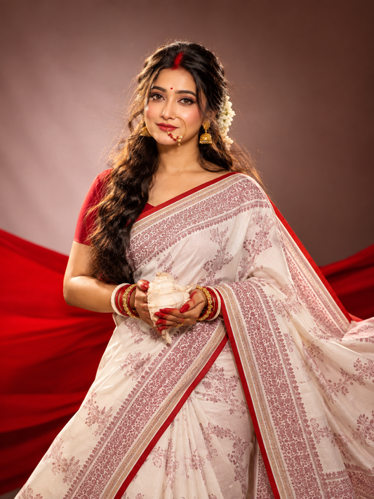 White & Red Bengali Saree for Durga Puja | Traditional Ethnic Motif Saree with Red Border