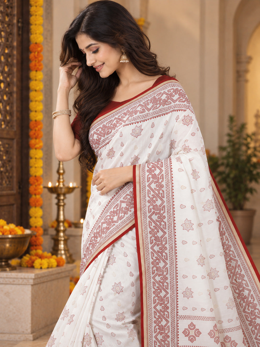 Red & White Bengali Saree for Durga Puja | Traditional Festive Saree with Printed Motifs & Border