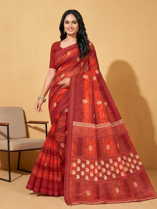 Minu fashions Floral Print Daily Wear Pure Cotton Saree (Red)