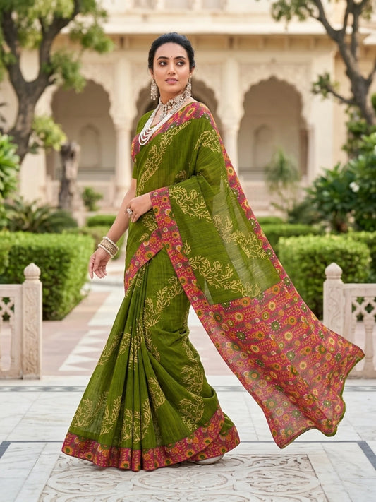 Minu fashions Printed Daily Wear Cotton Blend Saree (Green)