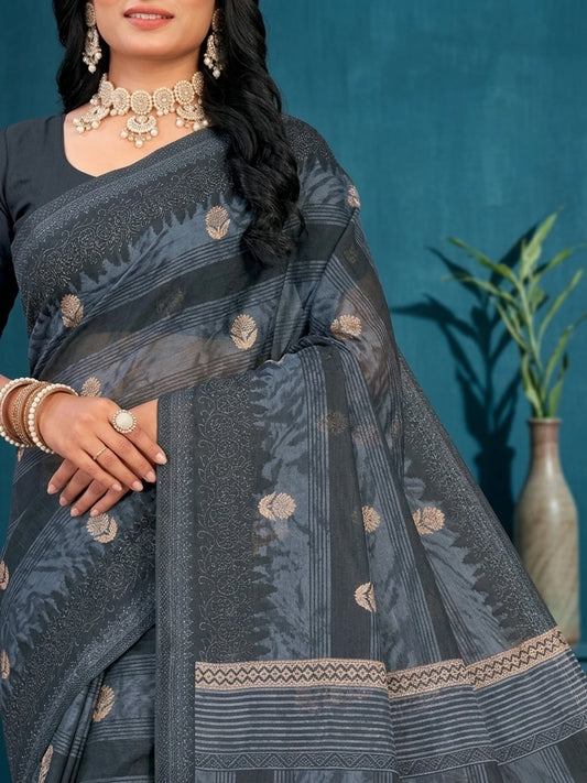 Minu fashions Printed Daily Wear Pure Cotton Saree (Grey)