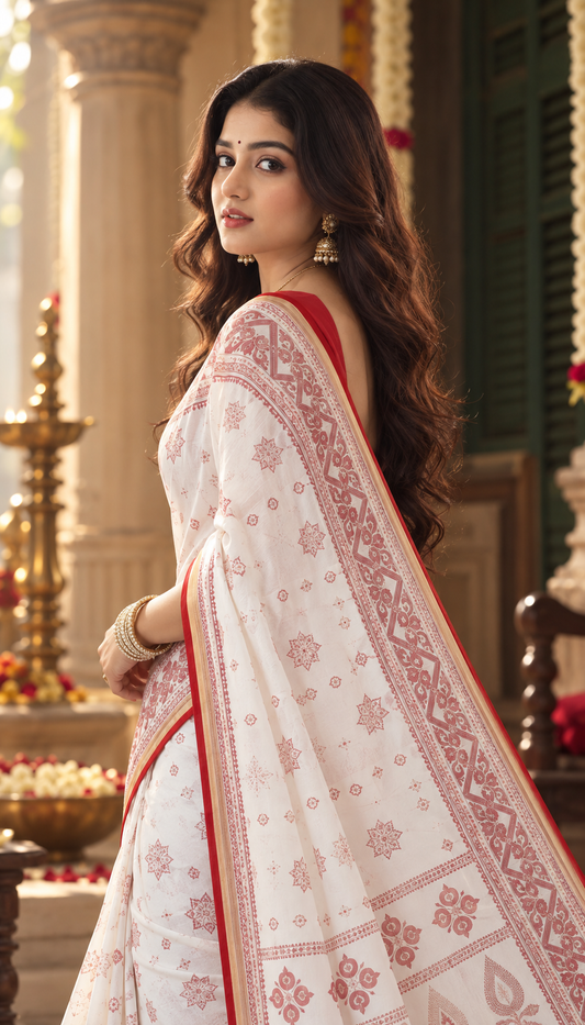 Red & White Bengali Saree for Durga Puja | Traditional Festive Saree with Printed Motifs & Border