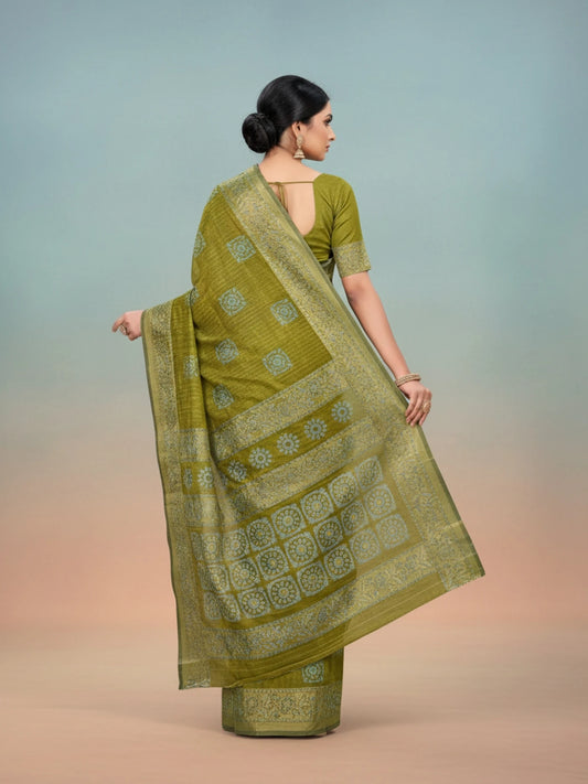 Minu fashions Printed Daily Wear Pure Cotton Saree ( Forest Green )