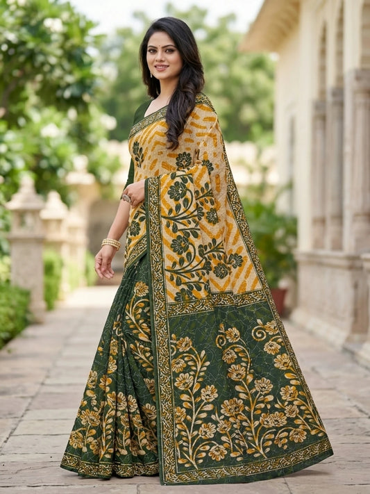 Minu fashions Printed Daily Wear Pure Cotton Saree (Green)