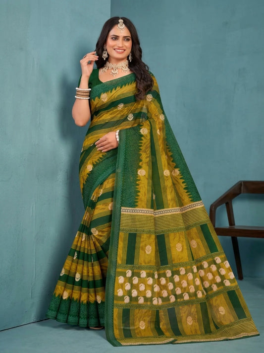 Minu fashions Printed Daily Wear Pure Cotton Saree (Green)